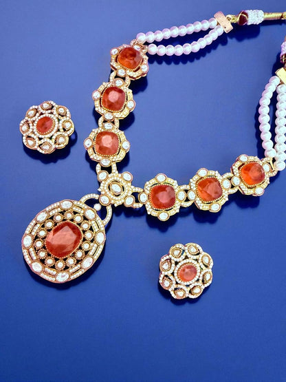 Rebekah Heritage Kundan Statement Necklace Set with Orange Hydro & Pearls