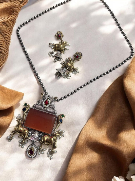 Vintage Style Pendant Necklace Set with Blue Stones, Pearl Beads, Antique Metal Chain, Cage Design Earrings