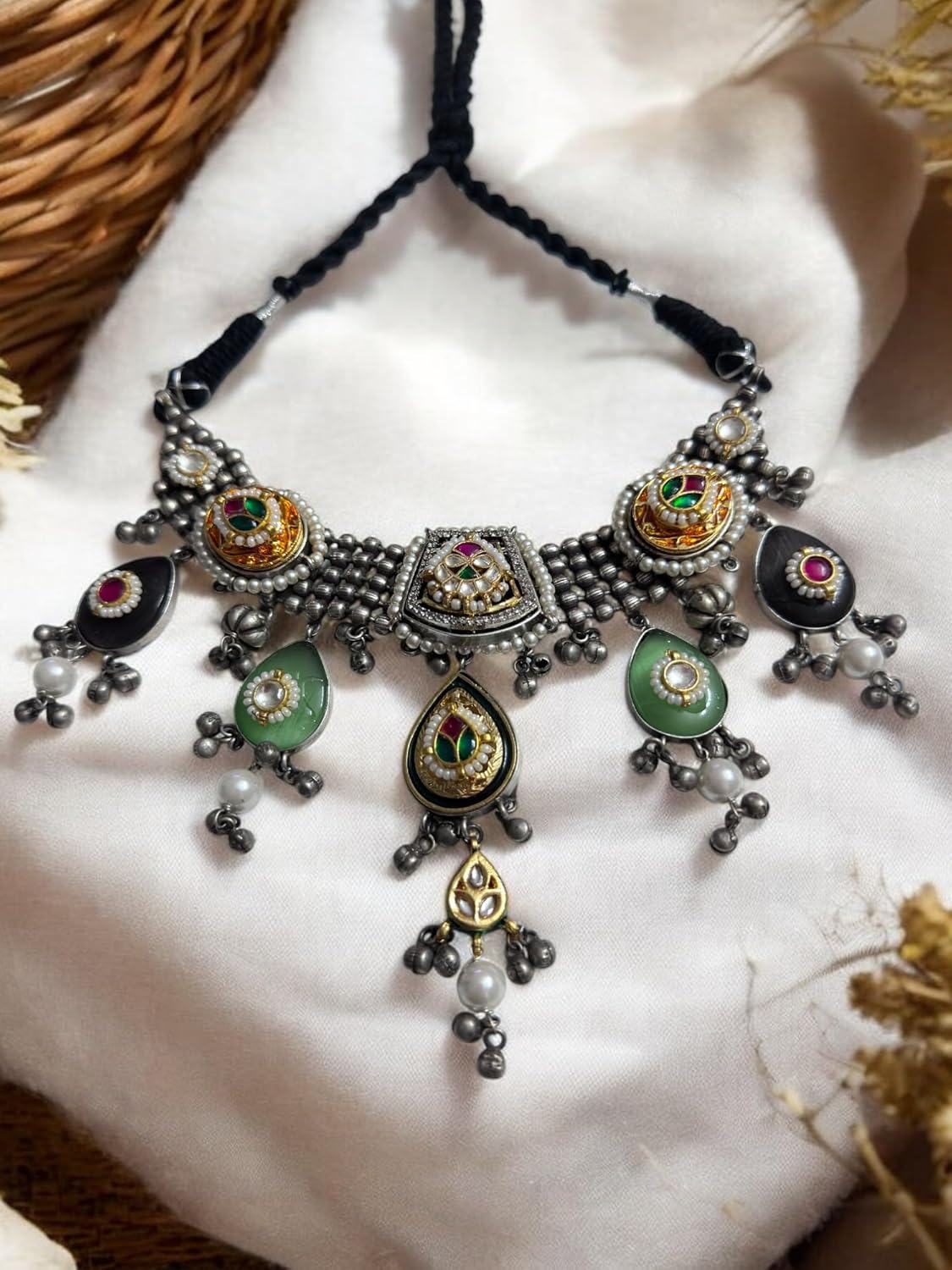 Vintage Style Choker Necklace Set with Earrings, Black Thread, Pearl Drops, Green and Pink Gemstones, Antique Silver Finish