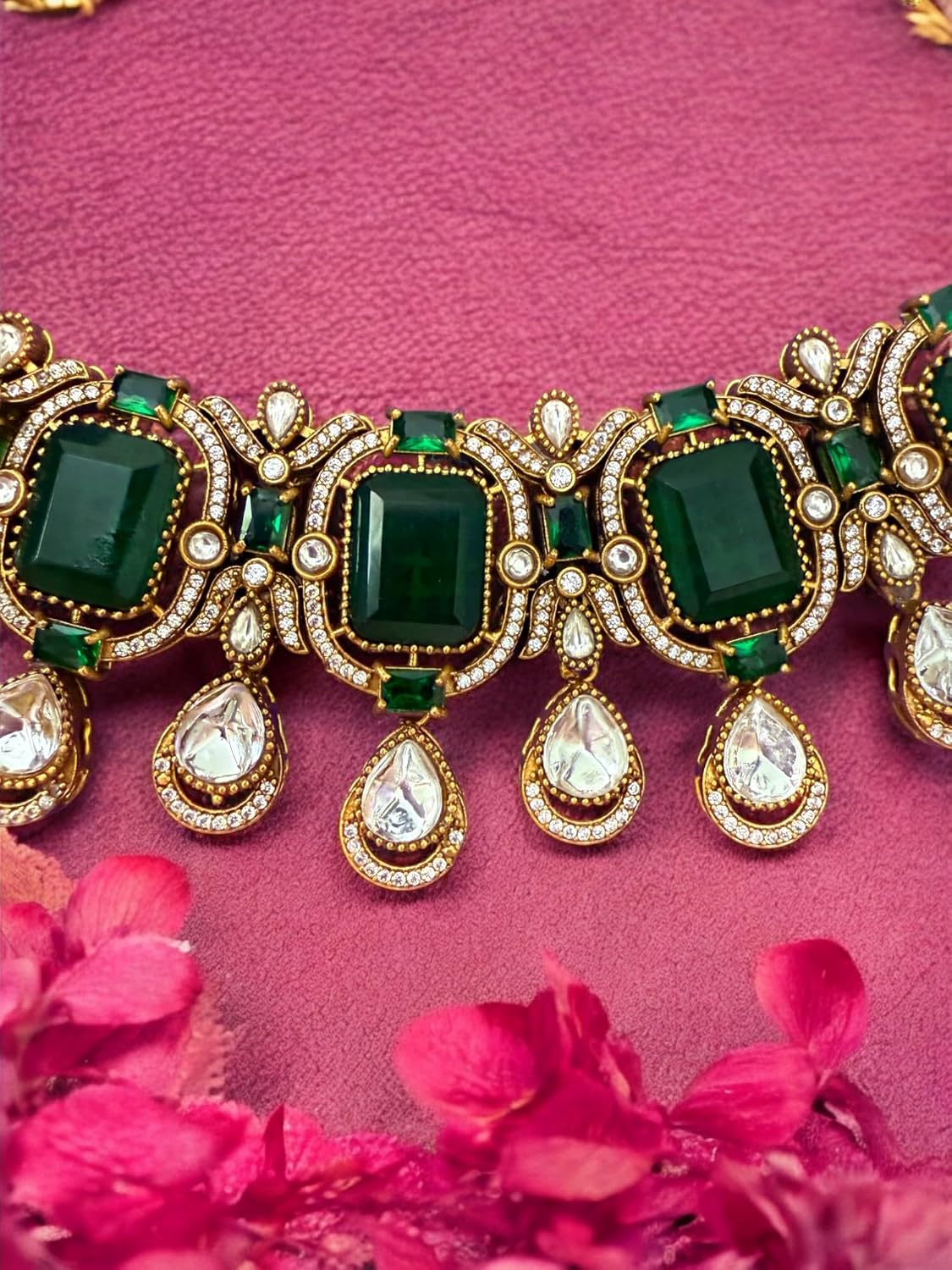 Rebekah Emerald Elegance Kundan Encrusted Bridal Choker Set with Maangtika