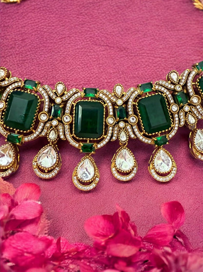 Rebekah Emerald Elegance Kundan Encrusted Bridal Choker Set with Maangtika