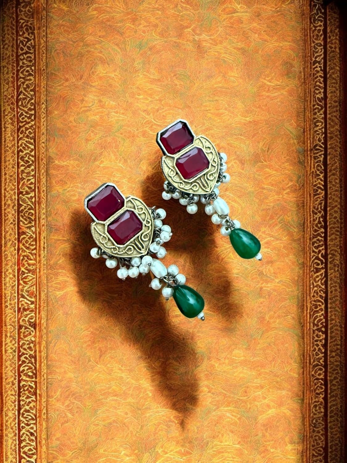 Peacock Elegance Oxidized Necklace Set with Ruby and Emerald Accents
