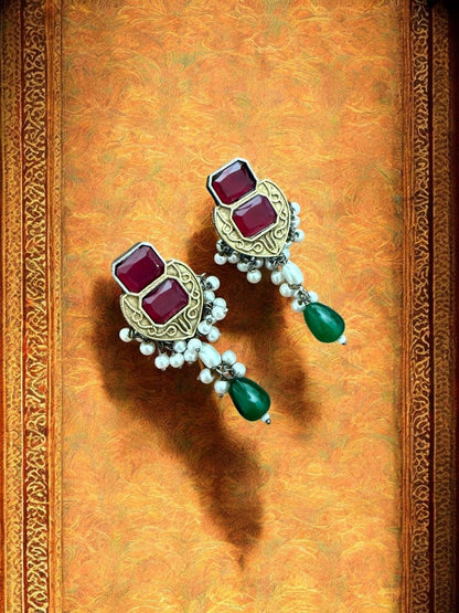 Peacock Elegance Oxidized Necklace Set with Ruby and Emerald Accents