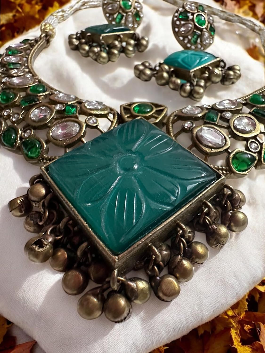 Vintage Style Necklace and Earring Set, Carved Turquoise Square Pendant, Crystal and Emerald Green Stones, Antique Bronze