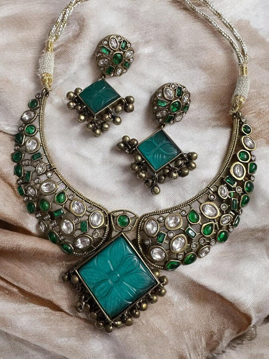 Vintage Style Necklace and Earring Set, Carved Turquoise Square Pendant, Crystal and Emerald Green Stones, Antique Bronze