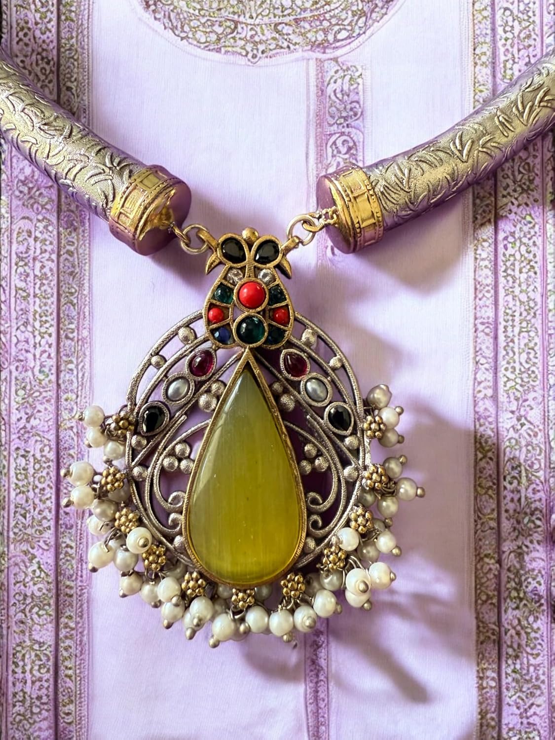 Rebekah Ethnic Flexible Hasli Set with Yellow Teardrop Pendant