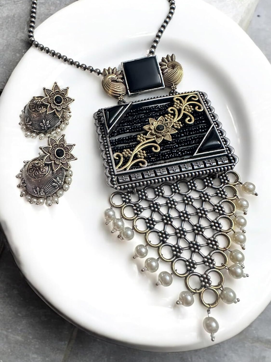 Vintage Style Pearl Necklace Set, Antique Bronze Pendant with Yellow Strings Traditional Jhumka Earrings