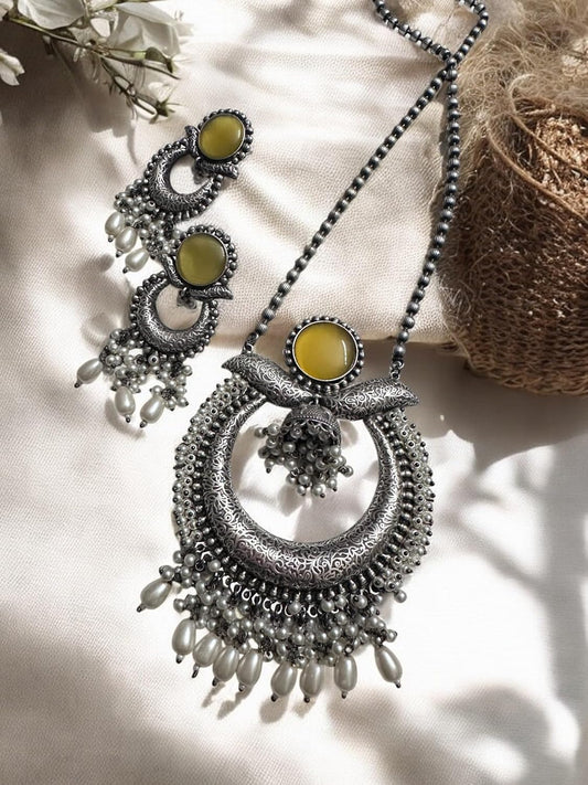 Oxidised Silver Crescent Pendant Necklace and Earring Set with Yellow Stone and Pearl Drops, Traditional Ethnic Design