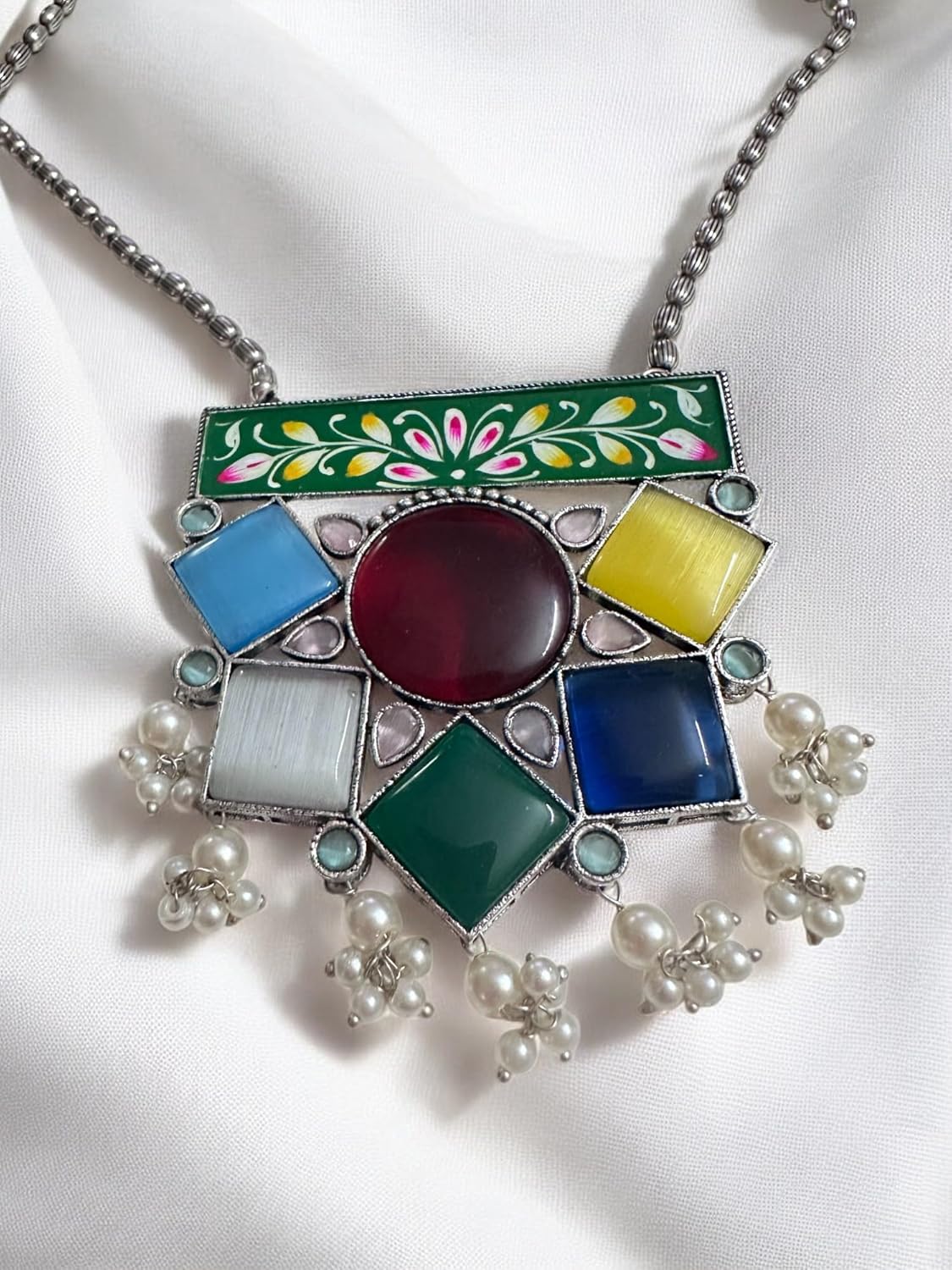 Handcrafted Multicolour Enamel Jewellery Set, Floral Design Pendant Necklace with Matching Earrings, Pearl Drops