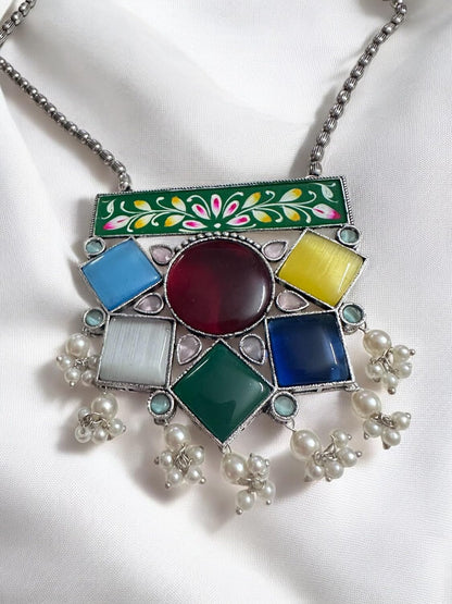 Handcrafted Multicolour Enamel Jewellery Set, Floral Design Pendant Necklace with Matching Earrings, Pearl Drops