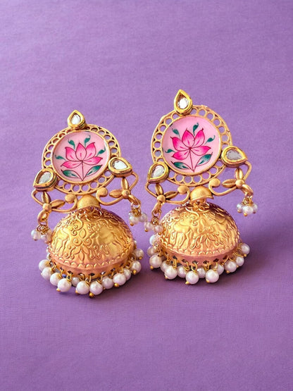 Lotus Bloom Meenakari Jhumka Earrings with Kundan Detailing and Pearl Accents
