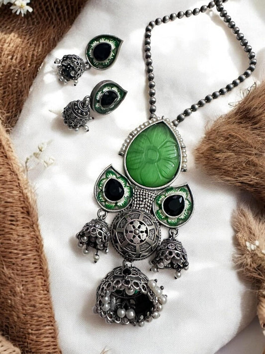 Vintage Style Oxidized Silver Necklace and Earring Set with Green Glass Pendant, Jhumka Danglers