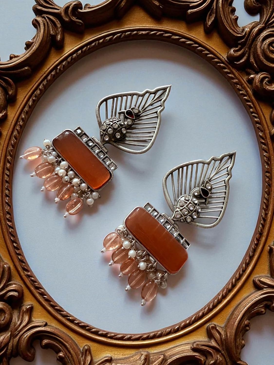 Silver Leaf & Orange Gem Danglers