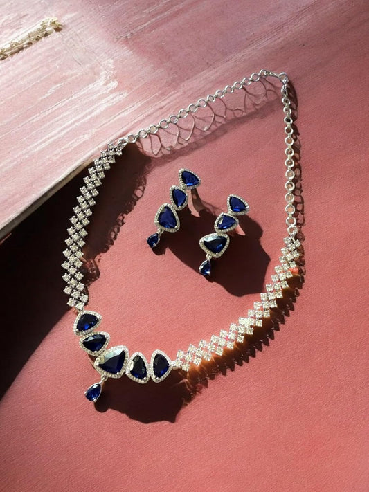 Rebekah Rhodium Plated Blue Cubic Zircon Studded Necklace Set
