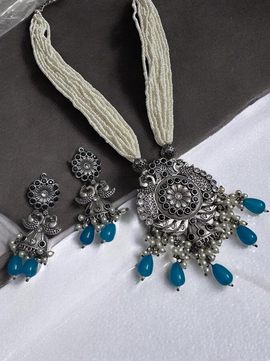 Antique Silver Pendant Necklace Set, Blue Teardrop Beads, Pearl Strings, Oxidised Floral Design