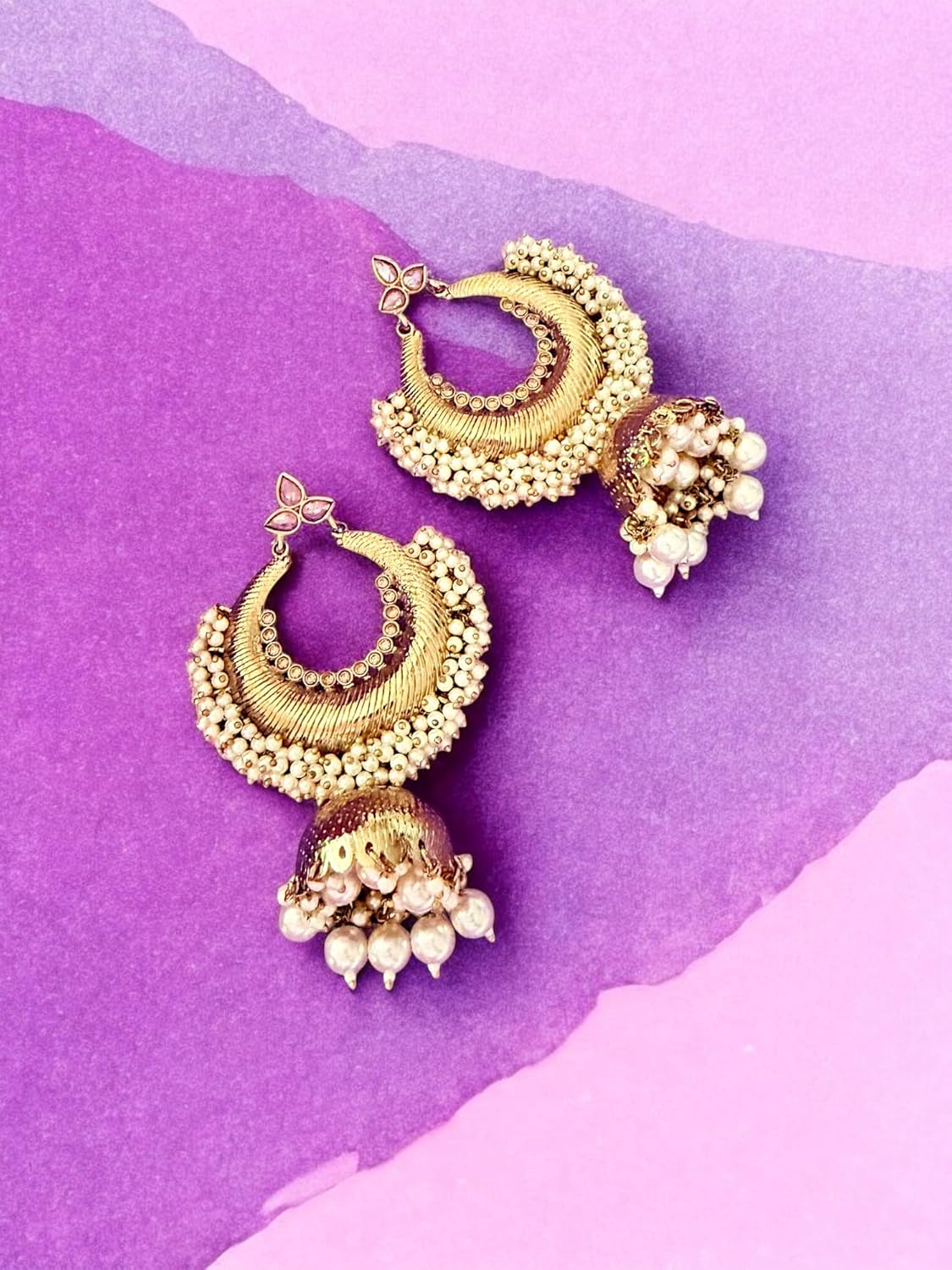 Golden Crescent Pearl Jhumka Earrings
