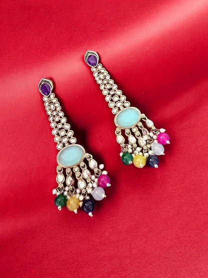 Multicolor Beaded Long Kundan Earrings with Blue