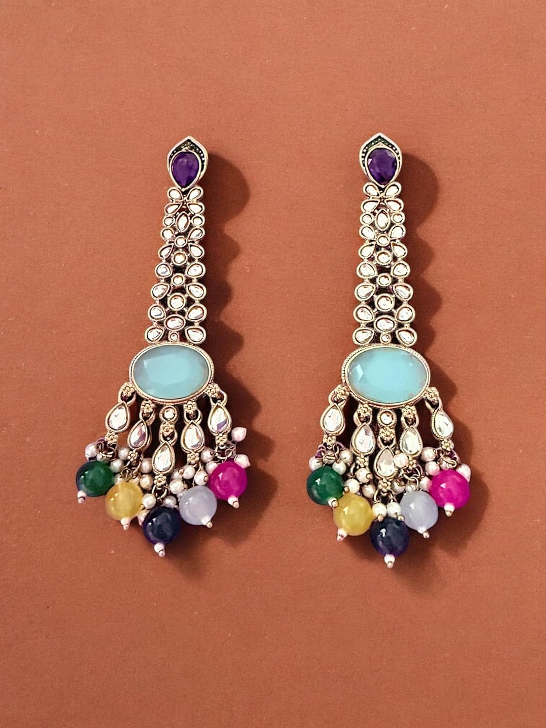 Multicolor Beaded Long Kundan Earrings with Blue