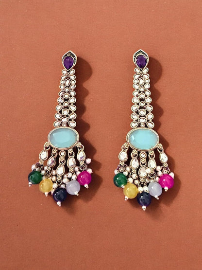 Multicolor Beaded Long Kundan Earrings with Blue