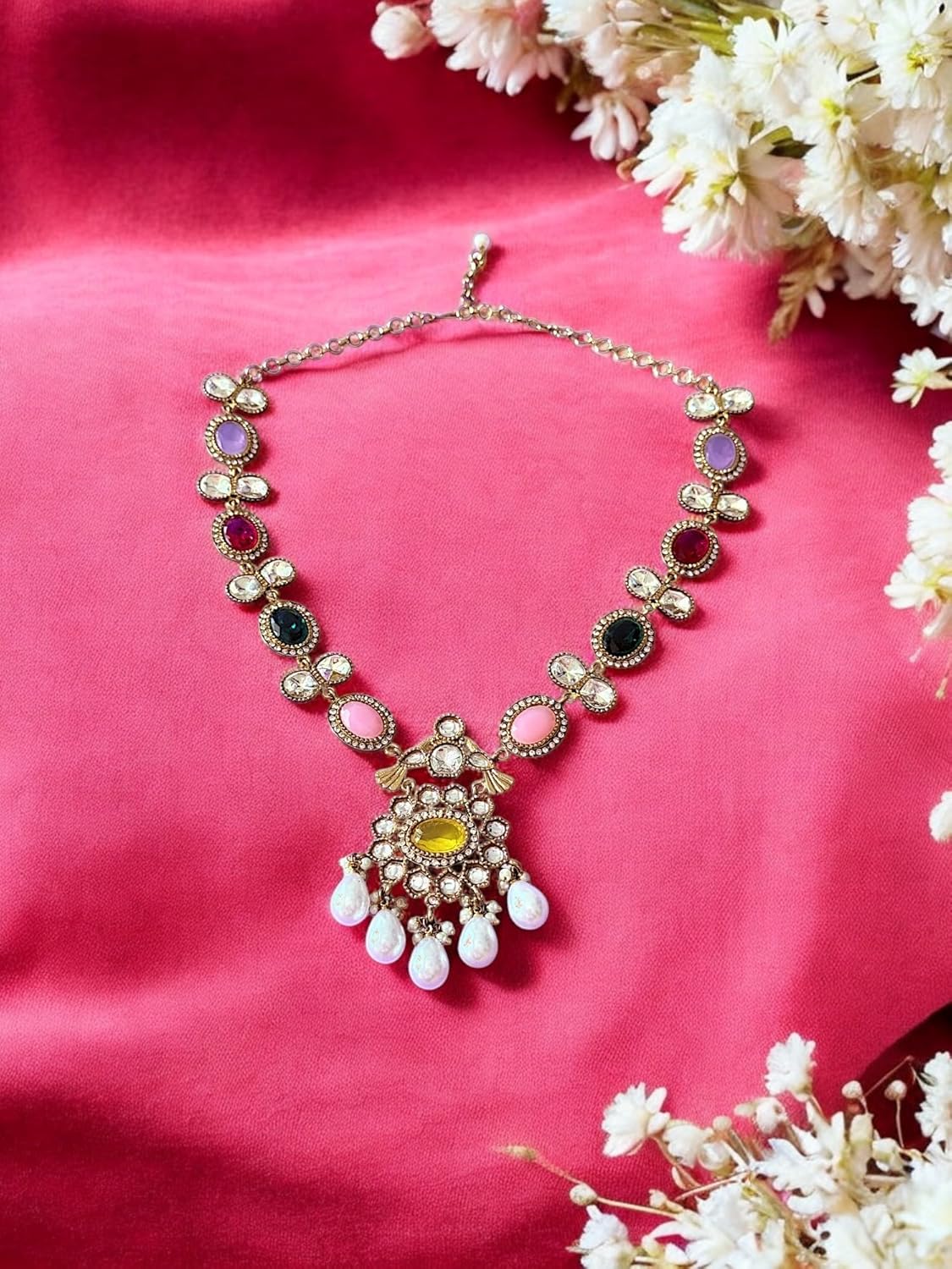 Rebekah Toned Multi Kundan & Pearl Drop Necklace Set
