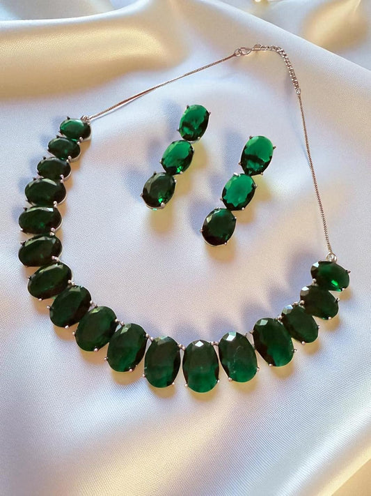 Rebekah -Plated Contemprory Large Green -Studded Necklace with Matching Earrings