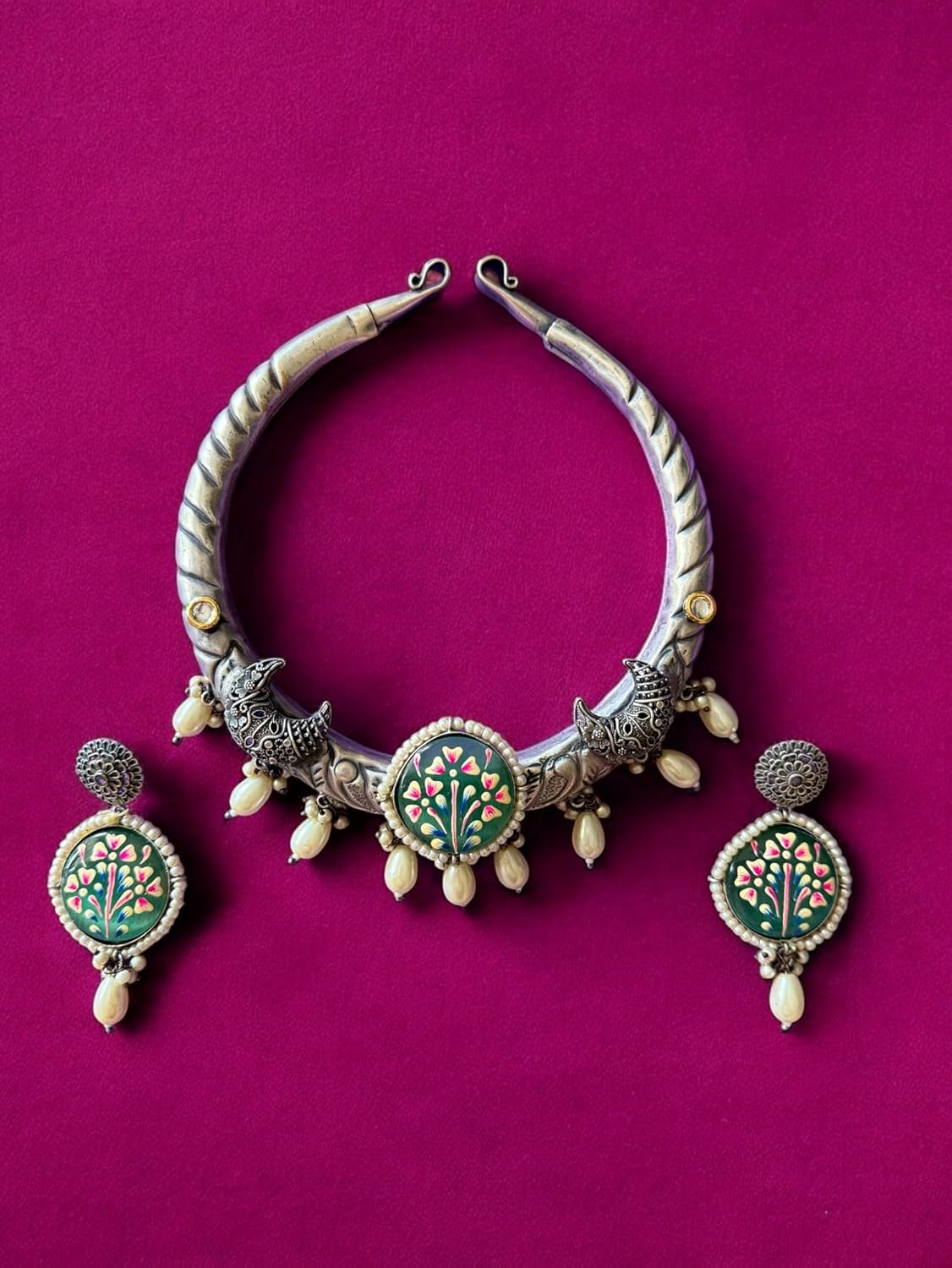 Rebekah Handpainted Handpainted Kalakaari Oxidized Necklace Set