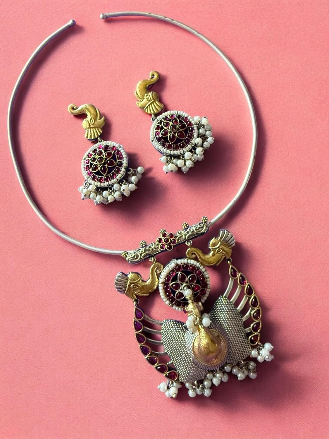 Rebekah Peacock Royalty Tribal Choker Set with Kemp s & Ghungroo Accents