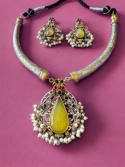 Rebekah Ethnic Flexible Hasli Set with Yellow Teardrop Pendant