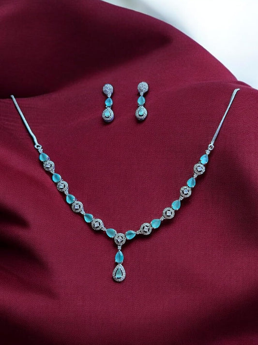 Turquoise and Rhodium Plated Necklace Set with Earrings, Intricate Design