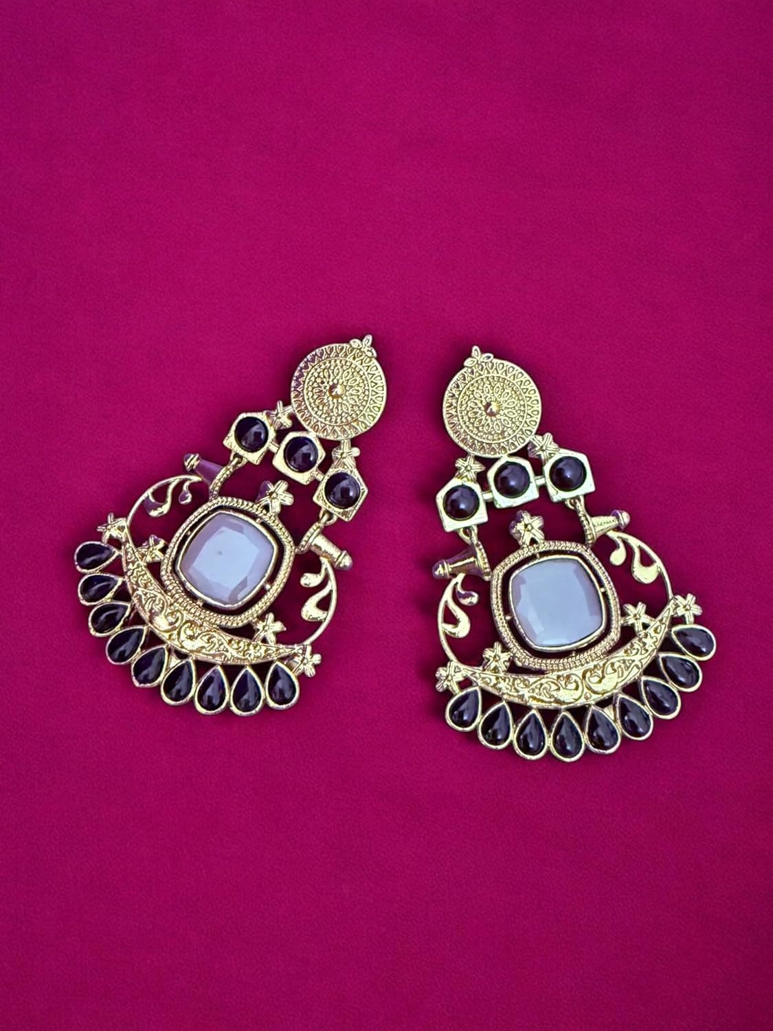 Designer Black Chandbali Earrings with Antique Gold Finish