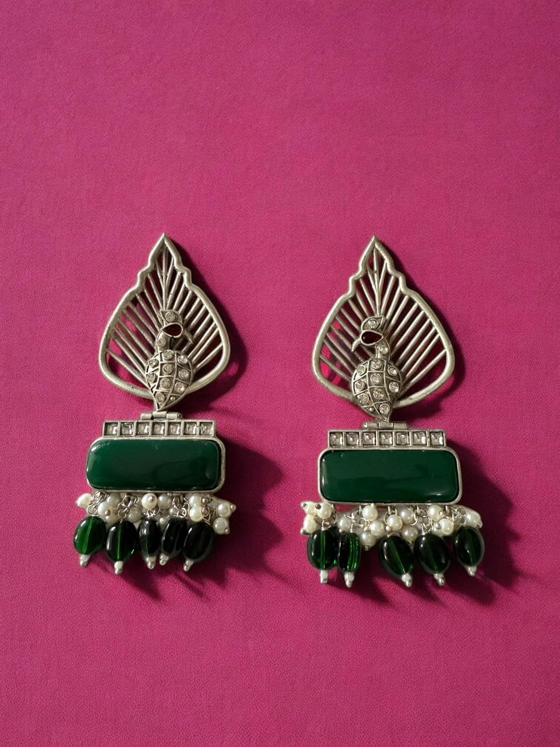 Silver Leaf & Green Gem Danglers