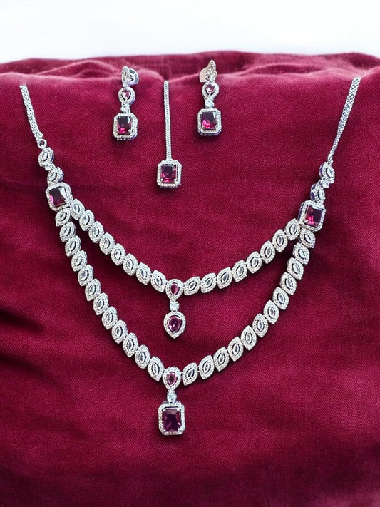 Ruby Red Layered Premium Stone Studded Necklace Set