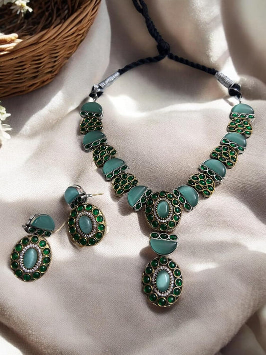 Vintage Style Multicolored Gemstone Necklace Set, Blue Opal Centre, Traditional Jewellery with Matching Earrings