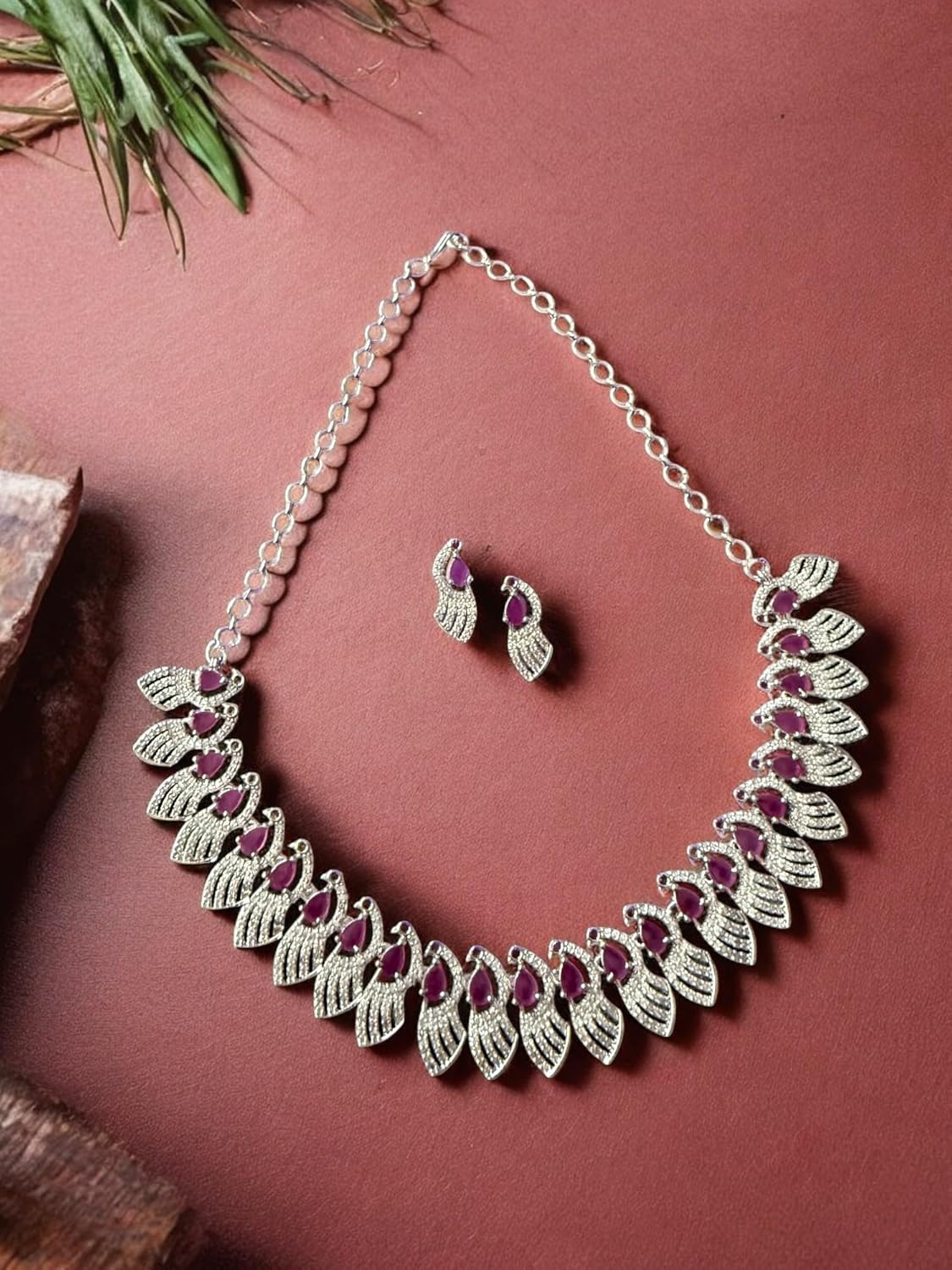 Rebekah Rhodium Plated Pink Cubic Zircon Studded Necklace Set