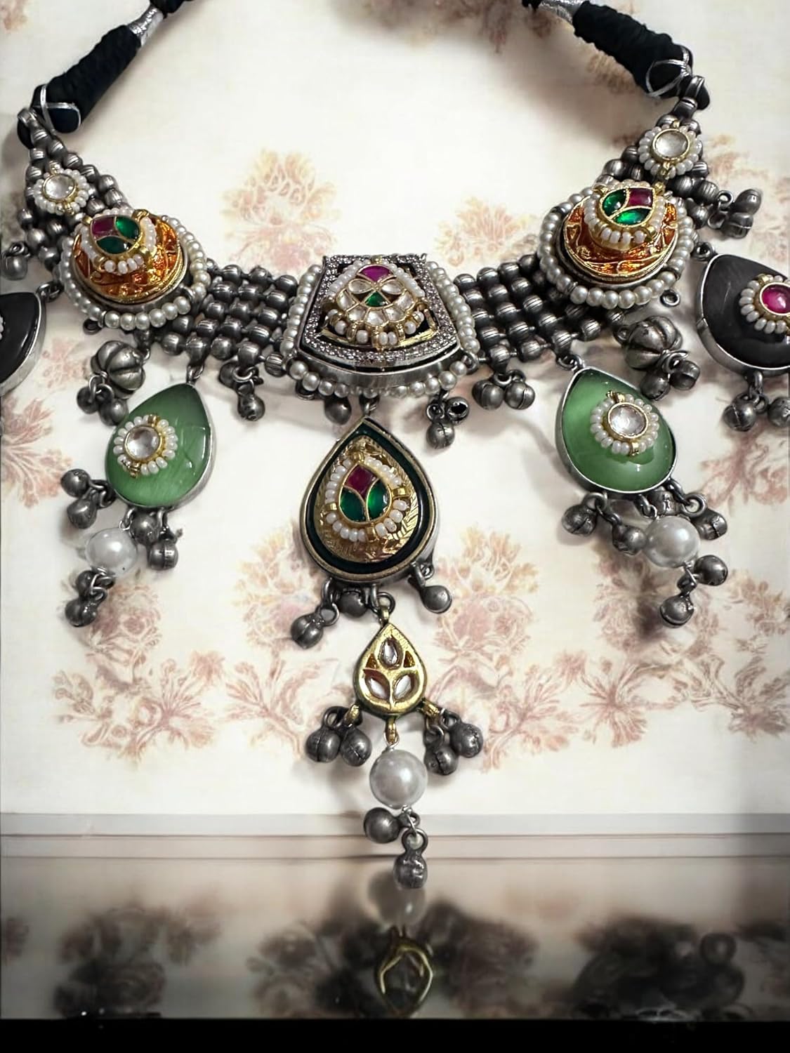 Vintage Style Choker Necklace Set with Earrings, Black Thread, Pearl Drops, Green and Pink Gemstones, Antique Silver Finish