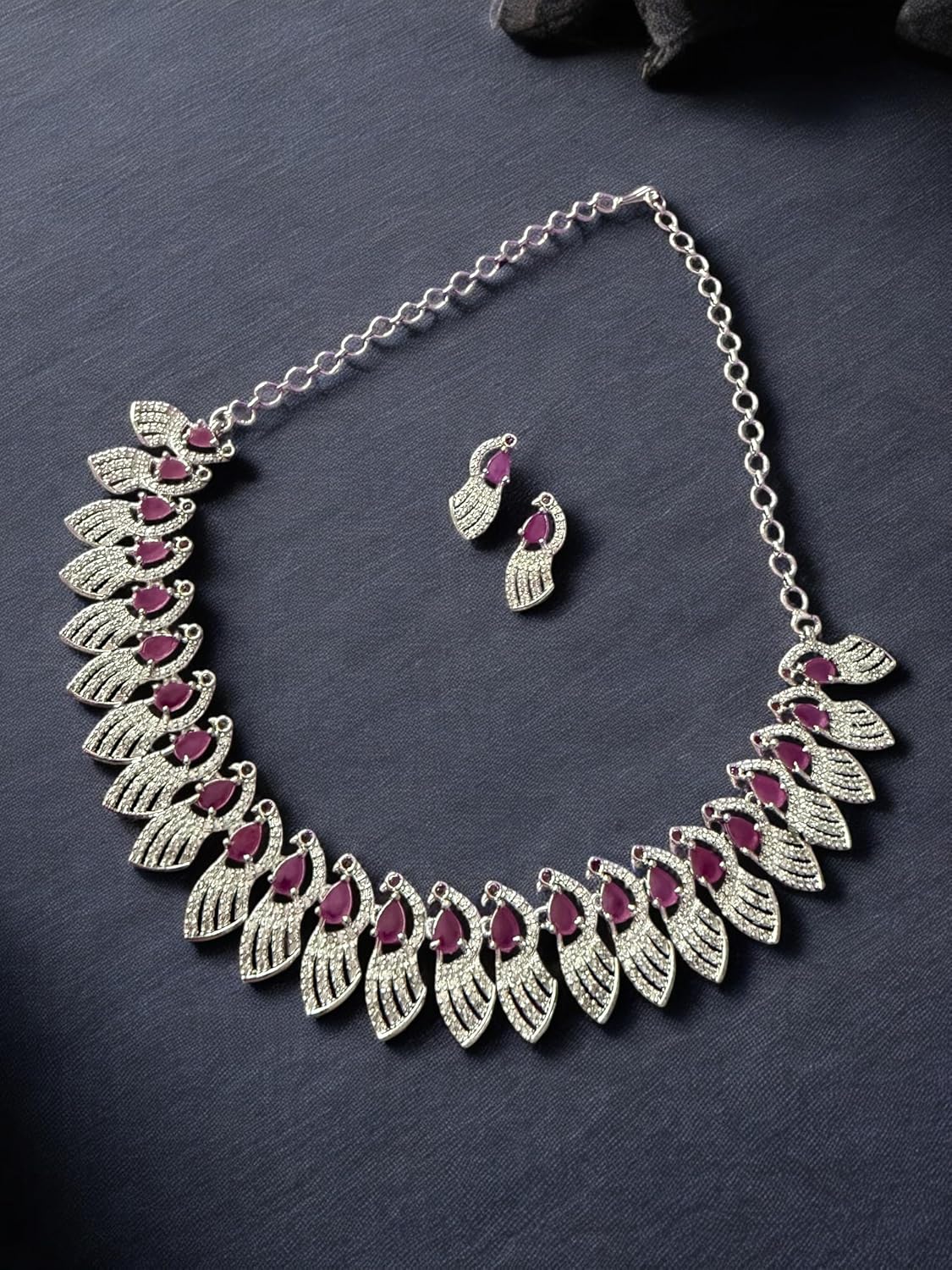 Rebekah Rhodium Plated Pink Cubic Zircon Studded Necklace Set