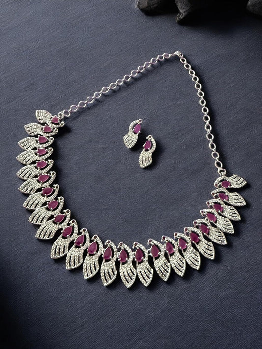 Rebekah Rhodium Plated Pink Cubic Zircon Studded Necklace Set