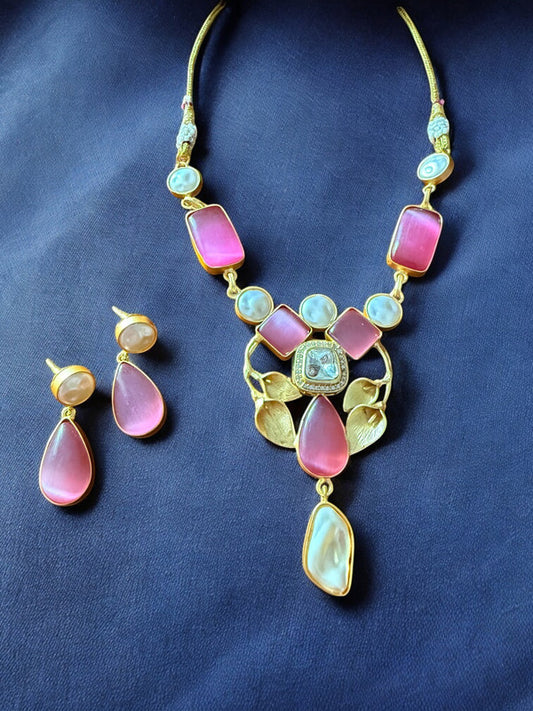Pink Petal Necklace Set with Green Onyx and Mother of Pearl