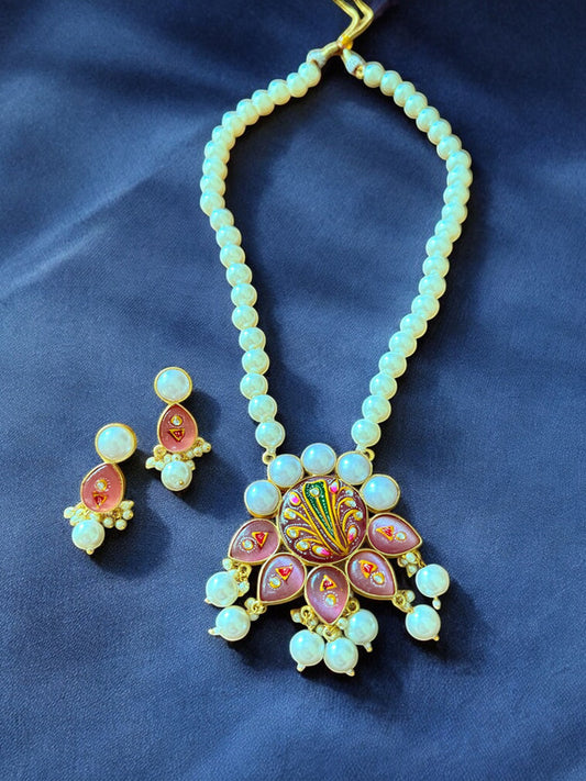 Handpainted Pink Stone Studded Pearl Necklace Set