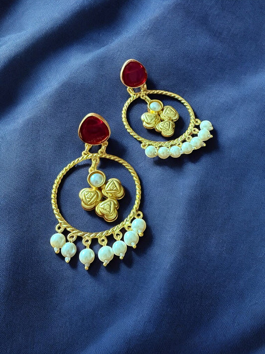 Moonlit Maroon Hoop Earrings with Pearl Beads
