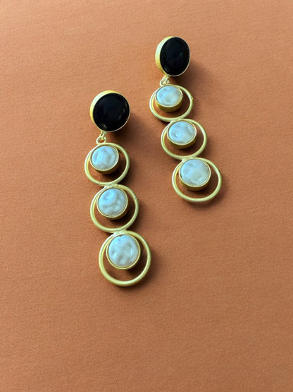 Midnight Black Halo Drop Earrings with Pearl Accents