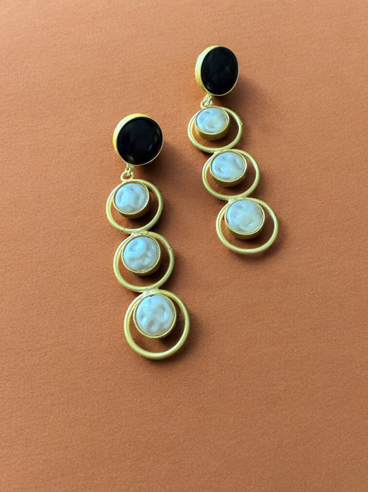 Midnight Black Halo Drop Earrings with Pearl Accents