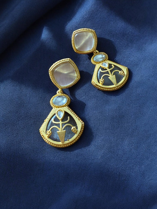 Grey Emblem Drop Earrings with Moonstone and Onyx Accents