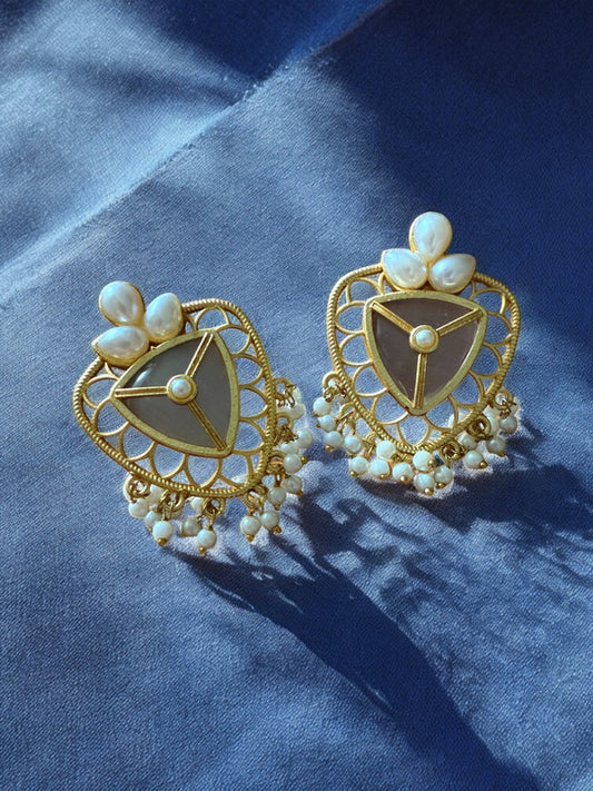 Grey Lotus Shield Earrings with Pearl Beads