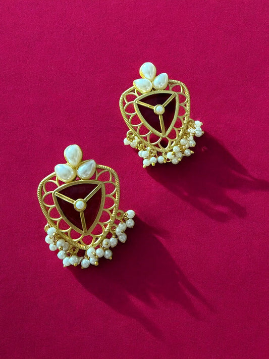Crimson Red Lotus Shield Earrings with Pearl Beads