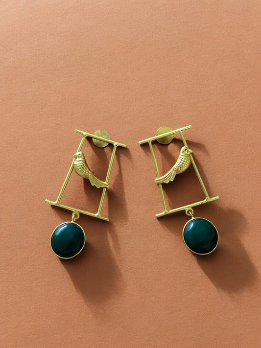 Artisanal Gold Bird Motif and Green Gem Earrings