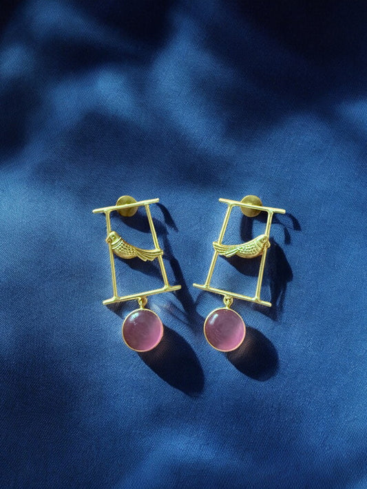Artisanal Gold Bird Motif and Pink Gem Earrings