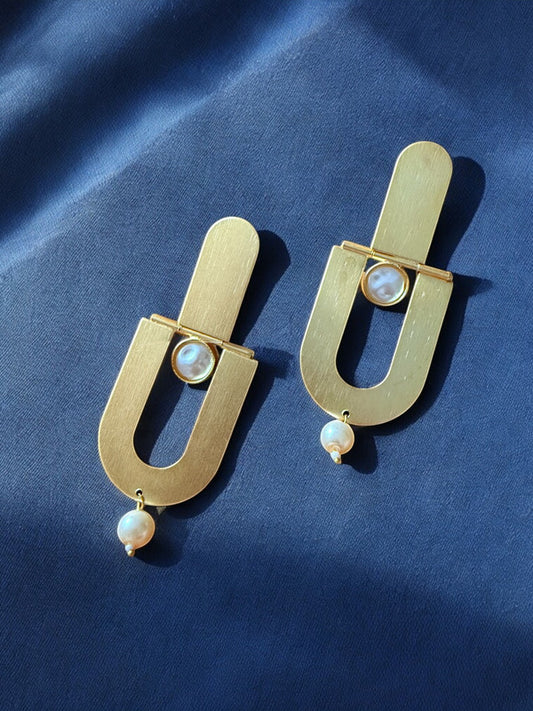 Handcrafted Contemporary Gold and Pearl Drop Earrings