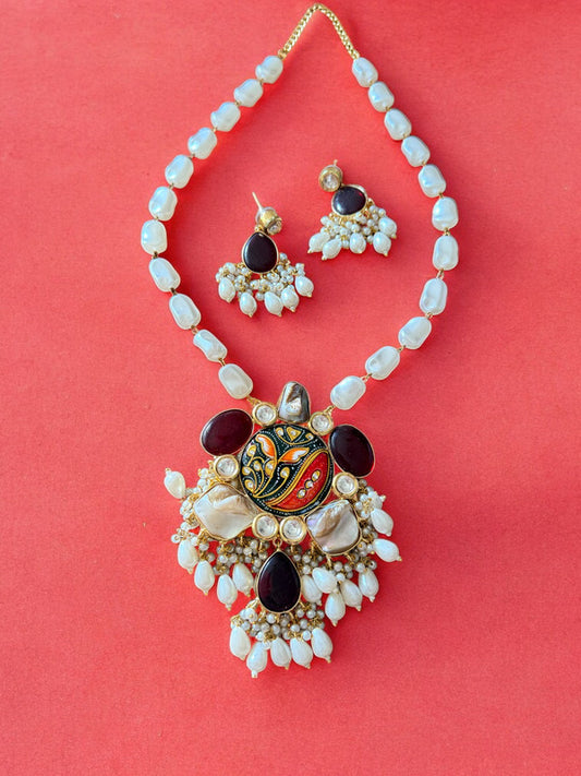 Handcrafted Beaded Chain with Baroque Pearls and Tanjore Pendant Set