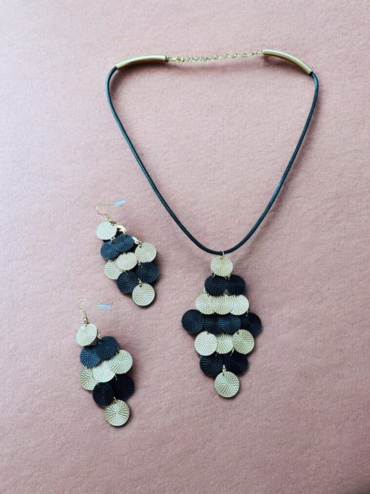 Gold & Black Geometric Cord String Jewelllery set with Dangling Earrings